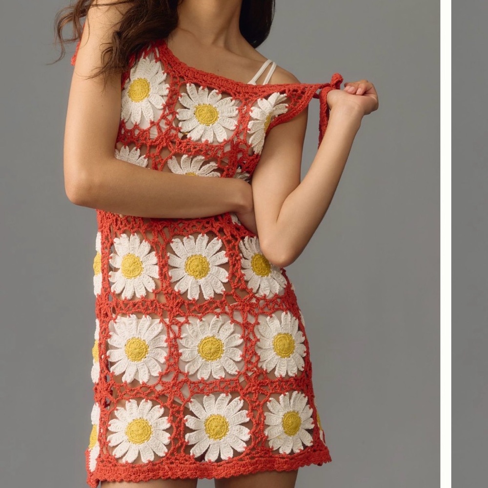 🌼 Anthropologie Floral Daisy Orange White Sun Flower Crochet Beach Dress M/L - Picture 9 of 10